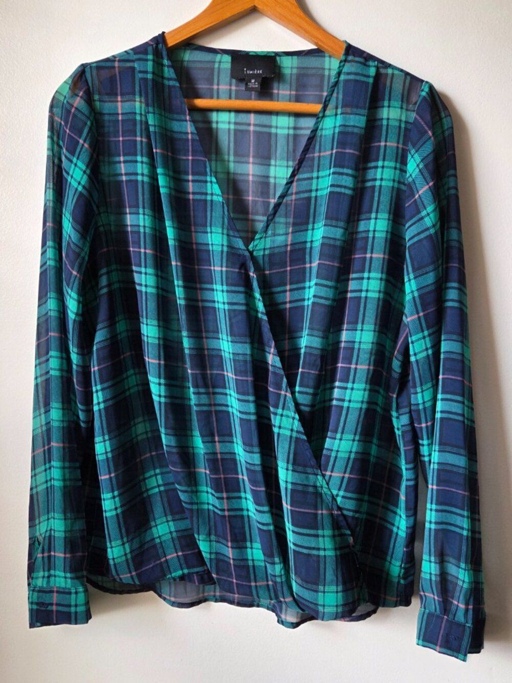 EUC LUMIERE SEMI SHEER PLAID SURPLICE WRAP STYLE LONG SLEEVES TOP SIZE M
